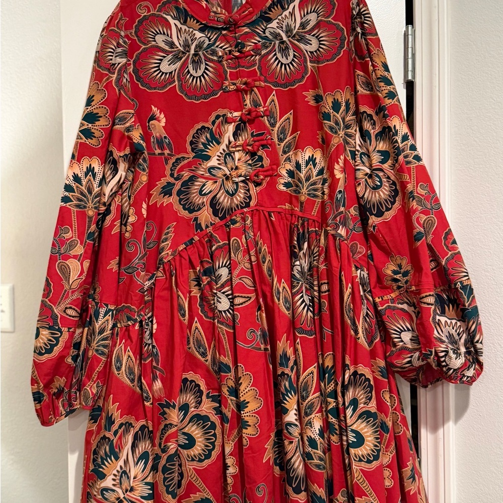 Farm Rio Floral Red Long-Sleeve Dress Boho Tropical